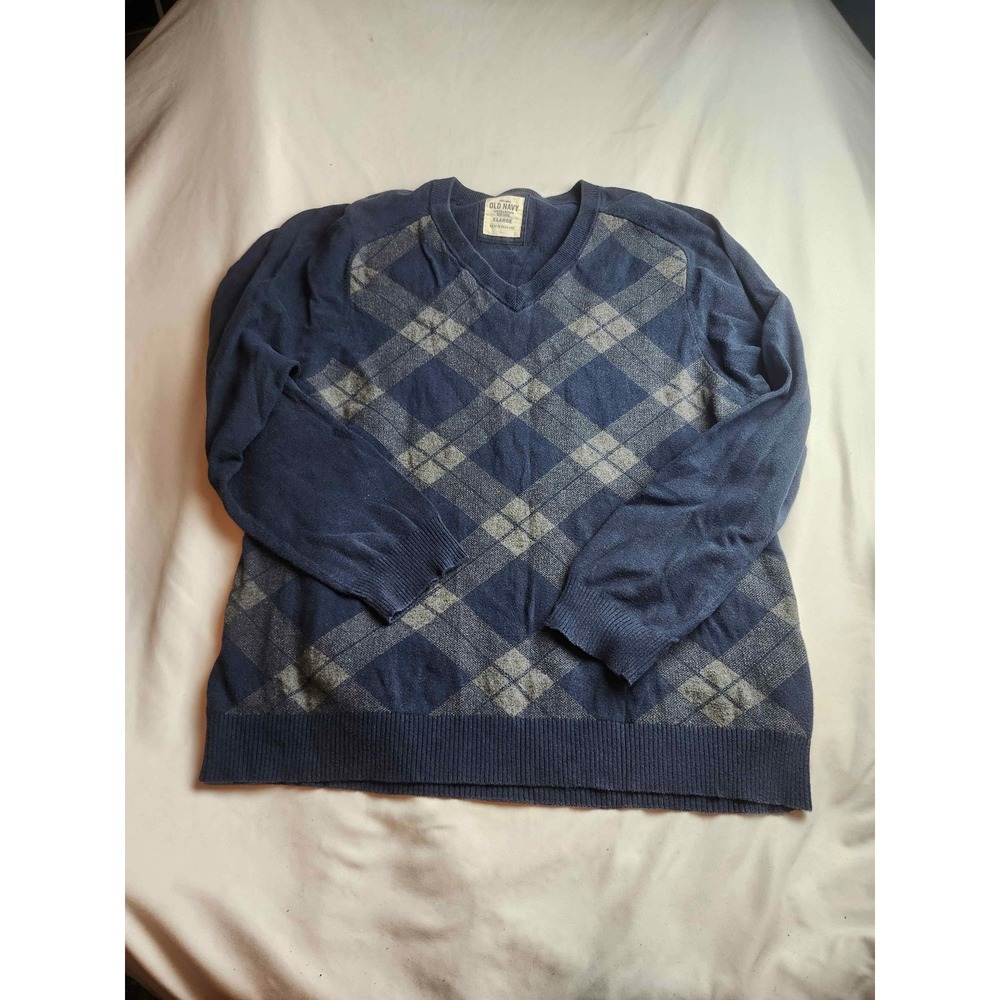 Old Navy Mens XL V-Neck Argyle Sweater Navy Blue Gray Knit Long Sleeve